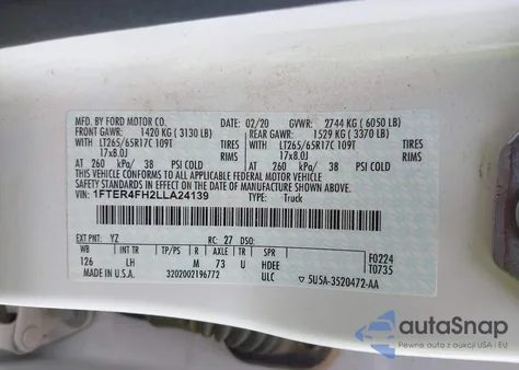 2020 Ford Ranger Xlt z USA, uszkodzony, nr VIN 1FTER4FH2LLA24139